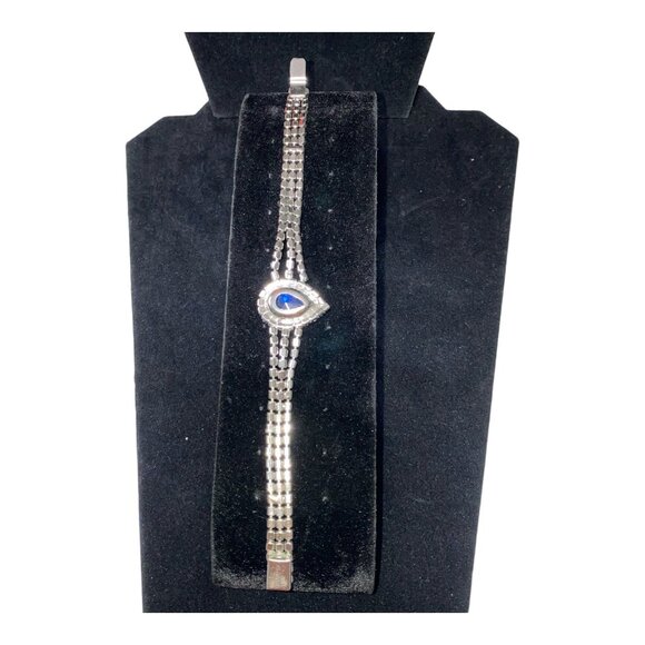 7 Inches Bracelet Blue Pear-Shaped Stone Rhinestone Silver-Toned - Picture 6 of 9